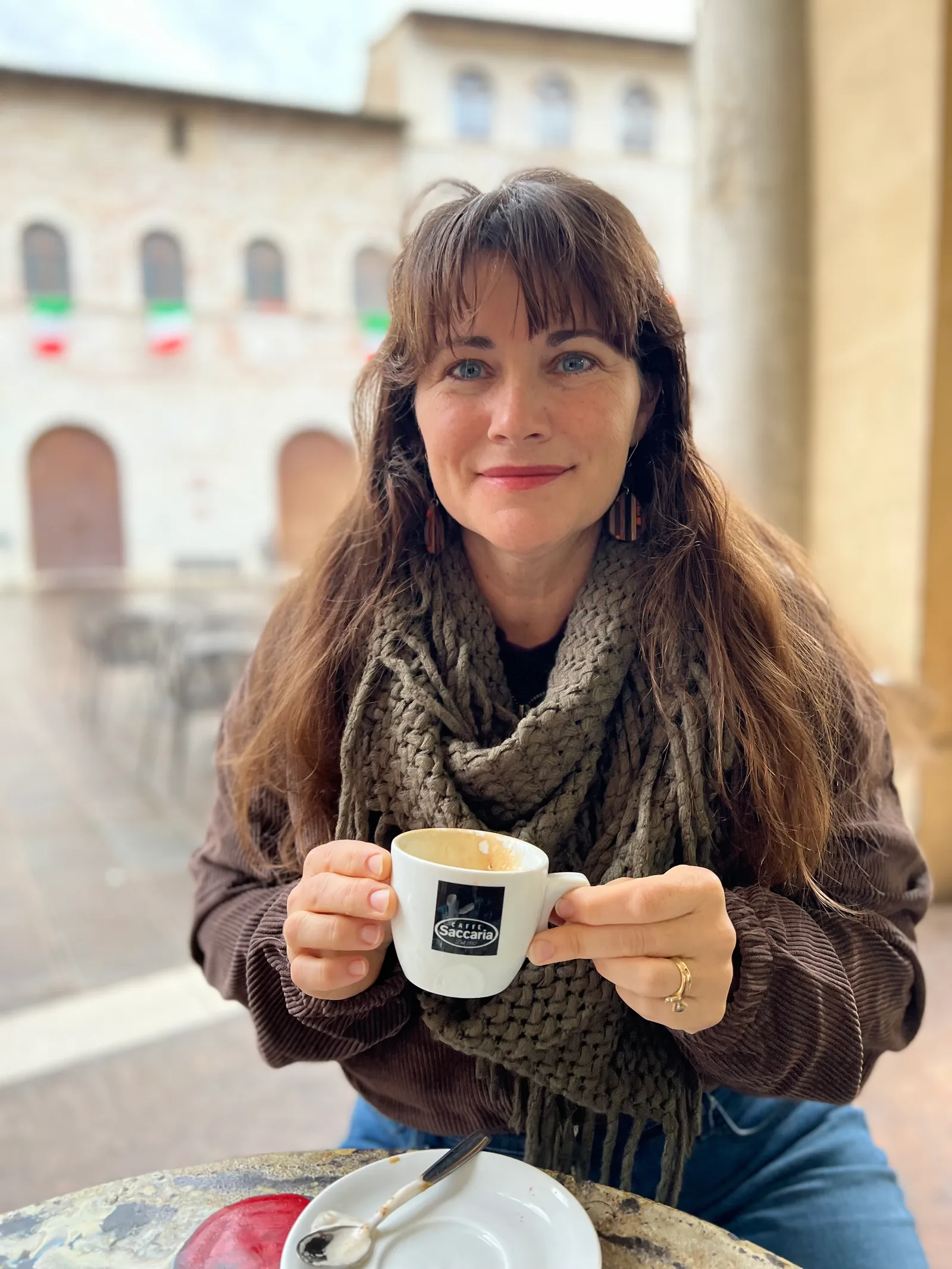 Sarah Brown enjoying a cup of coffee